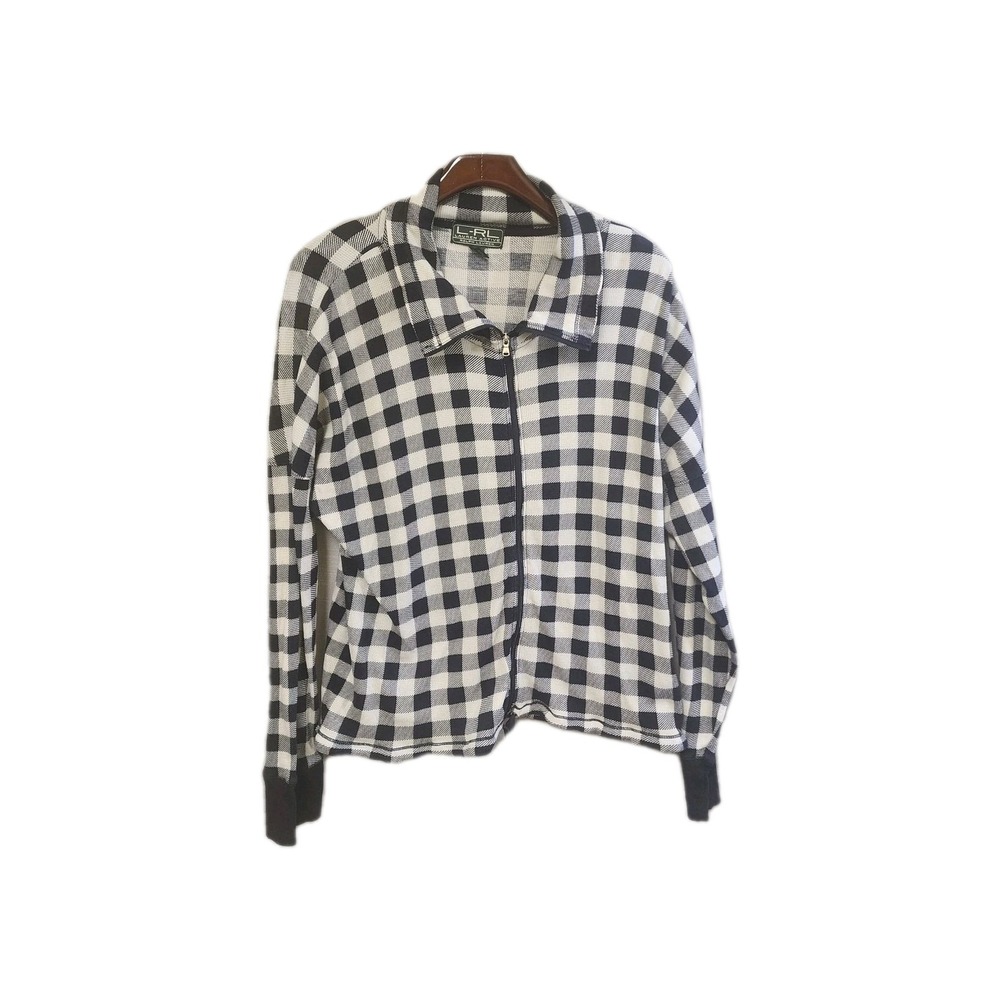 Women Lauren Ralph Lauren Navy/white Check Full Zip Shacket Size XL Long Sleeve